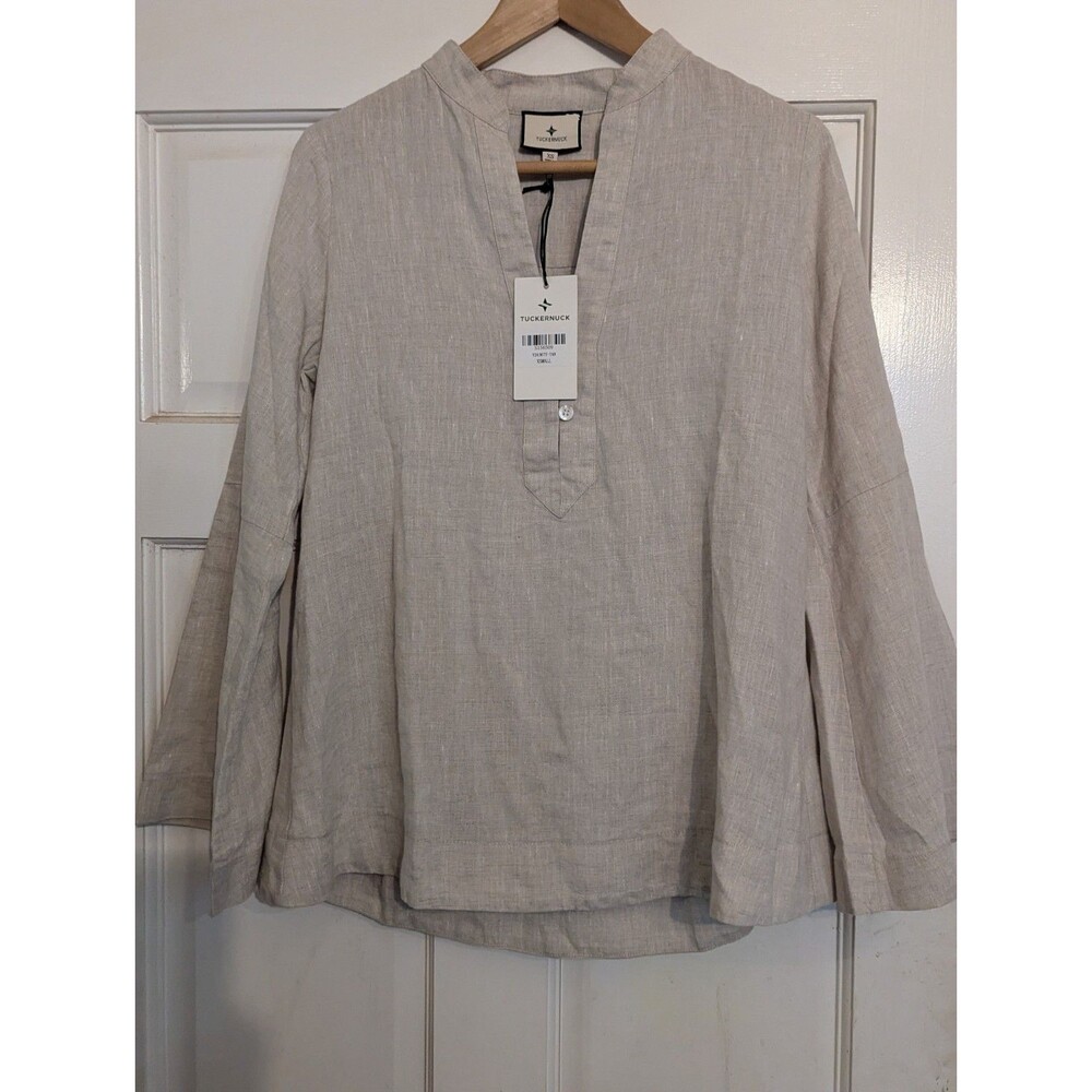 NWT Tuckernuck 100% Linen Tunic Top Tan Beige Notch V-Neck Long Sleeve Women XS